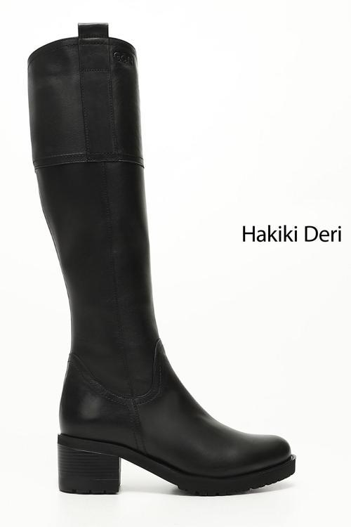 Kadın Siyah Fermuarlı Kalın Topuklu Hakiki Deri Çizme
