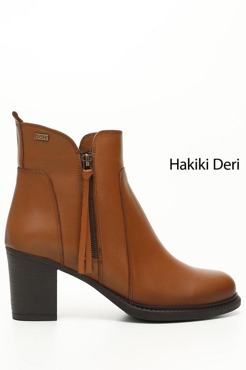 Kadın Taba Antik Fermuarlı Kalın Topuklu Hakiki Deri Bot