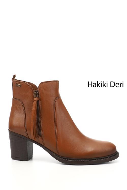 Kadın Taba Antik Fermuarlı Kalın Topuklu Hakiki Deri Bot