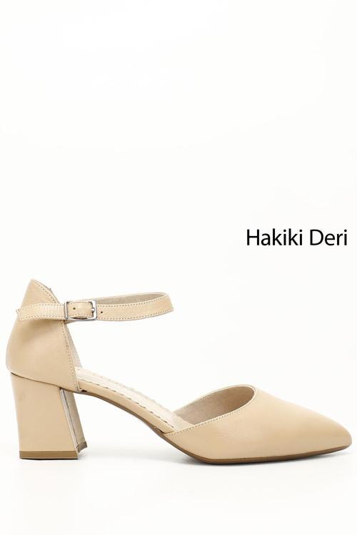 Kadın Nude Bilekten Bağlı Orta Topuklu Hakiki Deri Ayakkabı