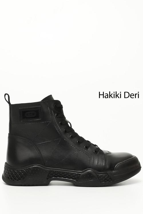 Erkek Siyah Fermuarlı Hakiki Deri Outdoor Bot