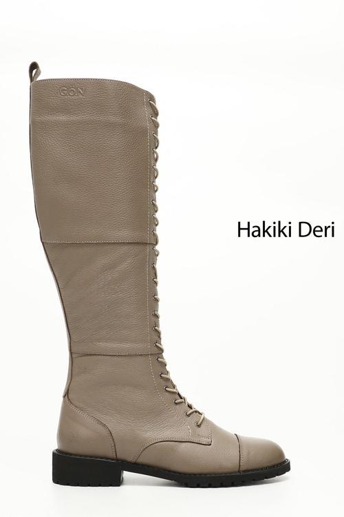 Kadın Vizon Floter Fermuarlı Kauçuk Taban Hakiki Deri Postal Çizme