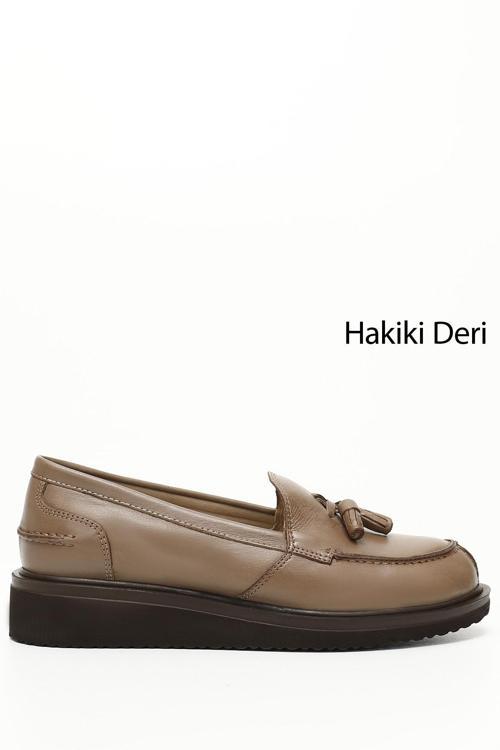 Kadın Vizon Antik Dolgu Taban Hakiki Deri Loafer Ayakkabı