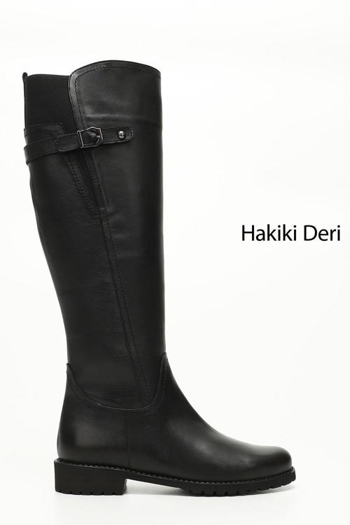 Kadın Siyah Fermuarlı Kauçuk Taban Hakiki Deri Çizme