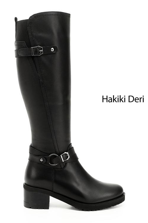 Kadın Siyah Fermuarlı Kalın Topuklu Hakiki Deri Çizme