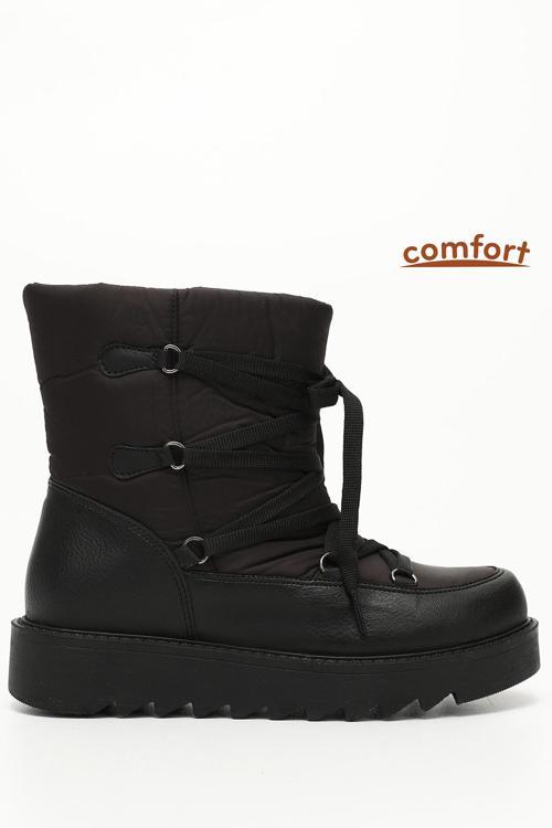 Kadın Siyah Bağcıklı Kalın Taban Comfort Kar Botu
