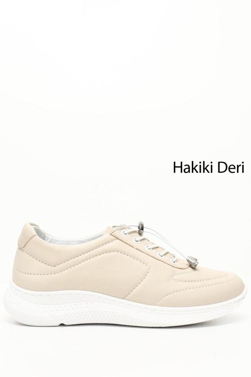 Kadın Bej Bağcıklı Dolgu Taban Hakiki Deri Sneaker