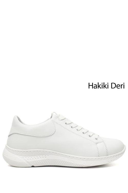Kadın Beyaz Bağcıklı Dolgu Taban Hakiki Deri  Sneaker