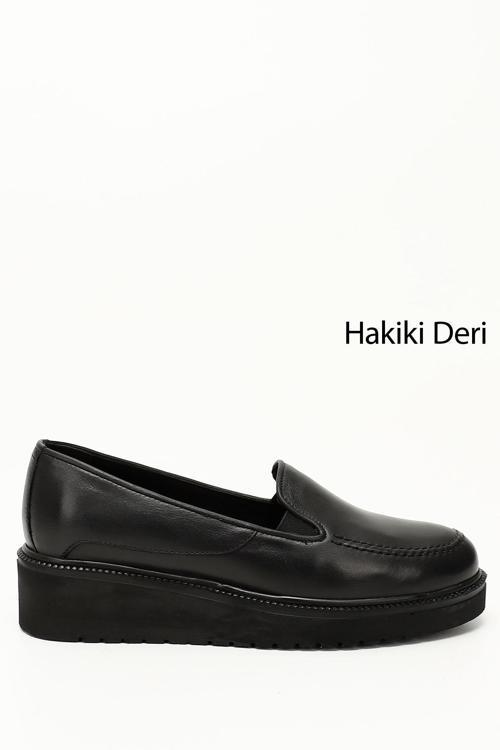 Kadın Siyah Dolgu Taban Hakiki Deri Ayakkabı