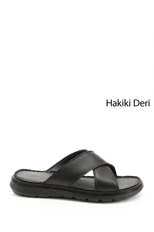 Erkek Siyah Çapraz Bantlı Hakiki Deri Terlik