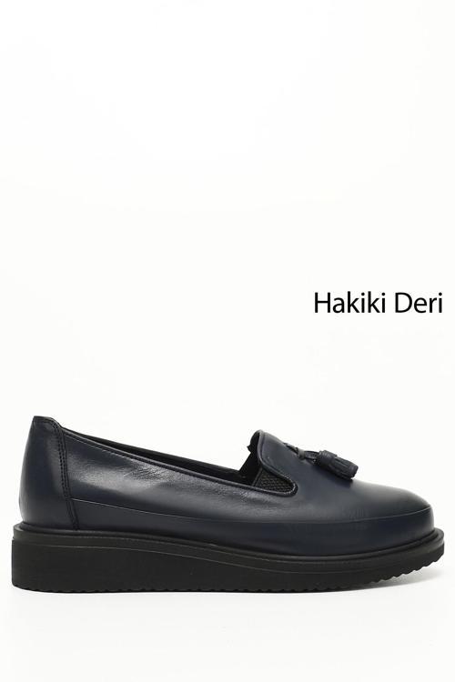 Kadın Lacivert Antik Dolgu Taban Püsküllü Hakiki Deri Ayakkabı