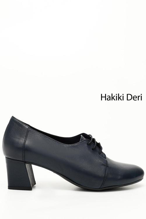Kadın Lacivert Antik Bağcıklı Orta Kalın Topuklu Hakiki Deri Oxford Ayakkabı