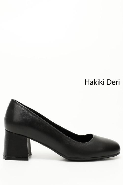 Kadın Siyah Küt Burun Orta Kalın Topuklu Hakiki Deri Ayakkabı
