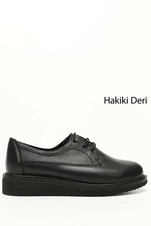Kadın Siyah Bağcıklı Dolgu Taban Hakiki Deri Ayakkabı
