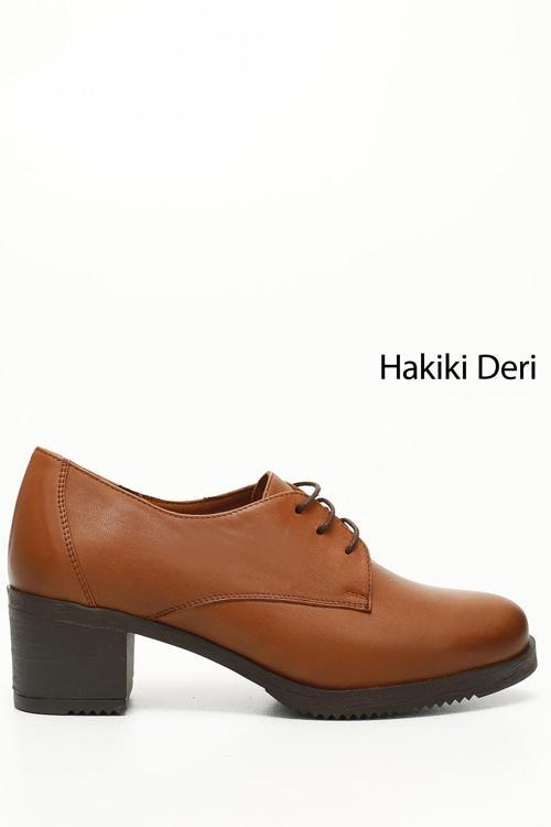 Kadın Taba Antik Bağcıklı Orta Kalın Topuklu Hakiki Deri Oxford Ayakkabı
