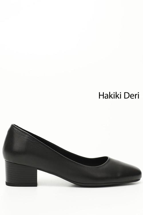Kadın Siyah Kısa Kalın Topuklu Hakiki Deri Ayakkabı