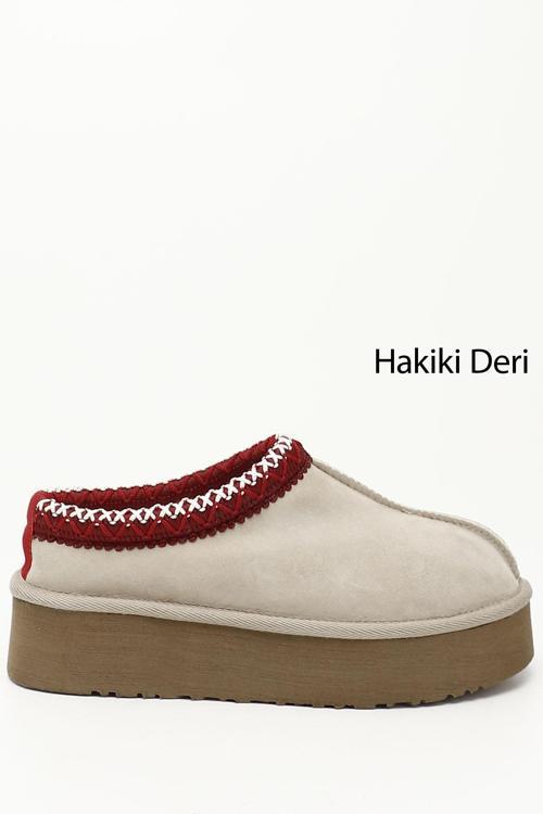 Kadın Bej Nubuk W Tazz Kalın Tabanlı Hakiki Deri Kürklü Terlik