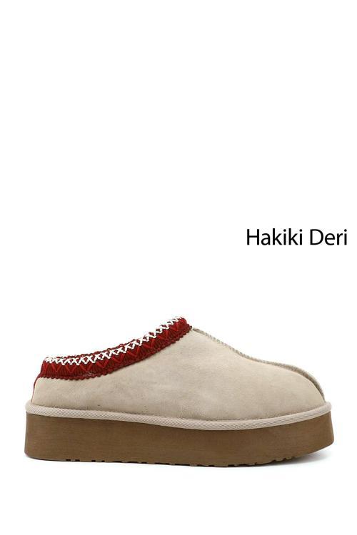 Kadın Bej Nubuk W Tazz Kalın Tabanlı Hakiki Deri Kürklü Terlik