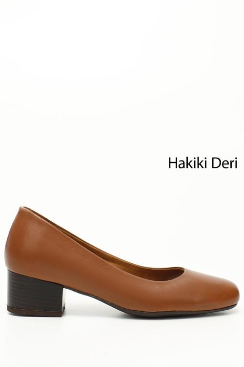 Kadın Taba Antik Kısa Kalın Topuklu Hakiki Deri Ayakkabı