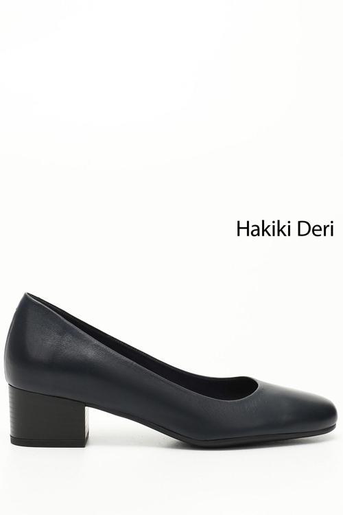Kadın Lacivert Antik Kısa Kalın Topuklu Hakiki Deri Ayakkabı