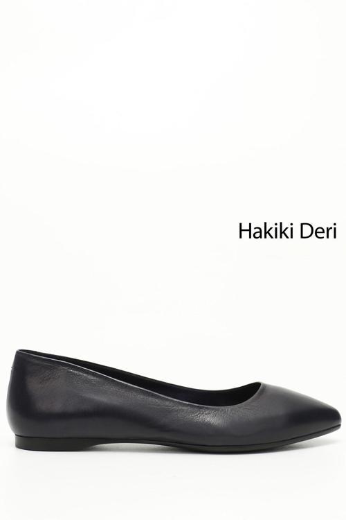 Kadın Lacivert Antik Sivri Burun Düz Taban Hakiki Deri Babet