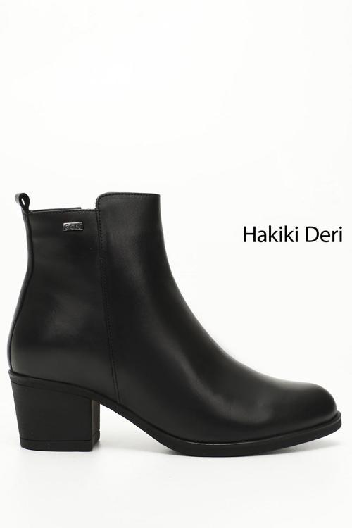 Kadın Siyah Fermuarlı Kalın Topuklu Hakiki Deri Bot
