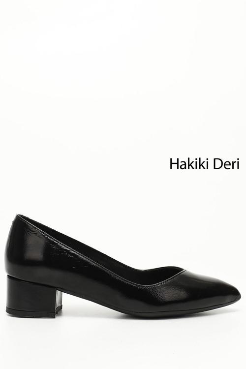 Kadın Siyah Rugan Kısa Kalın Topuklu Hakiki Deri Ayakkabı