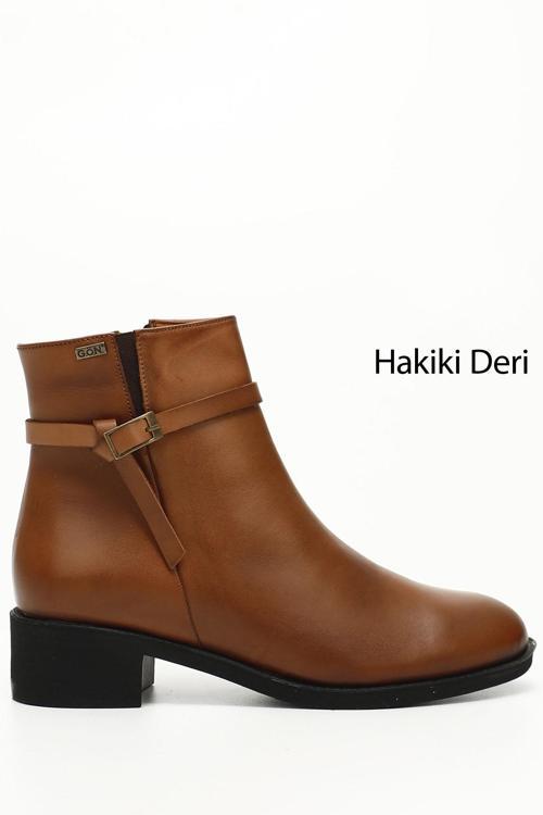 Kadın Taba Antik Fermuarlı Kalın Topuklu Fermuarlı Hakiki Deri Bot