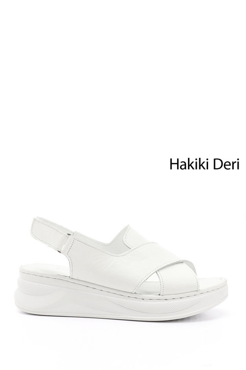 Kadın Beyaz Cırt Bantlı Dolgu Topuklu Hakiki Deri Comfort Sandalet