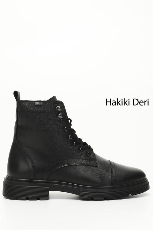 Siyah Floter Gön Hakiki Deri Fermuarlı Bağcıklı Erkek Postal Bot 81501