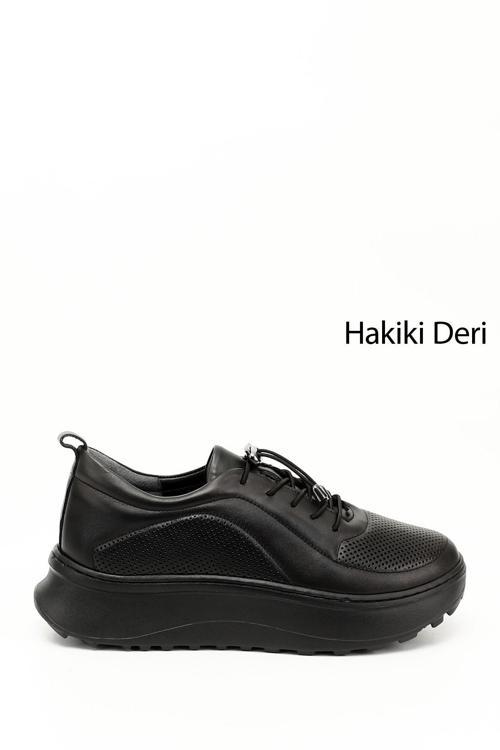 Kadın Siyah Lastik Bağcıklı Comfort Hakiki Deri Sneaker