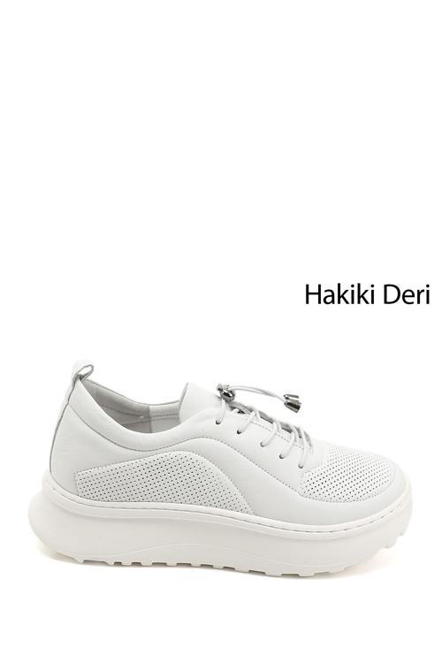 Kadın Beyaz Lastik Bağcıklı Comfort Hakiki Deri Sneaker