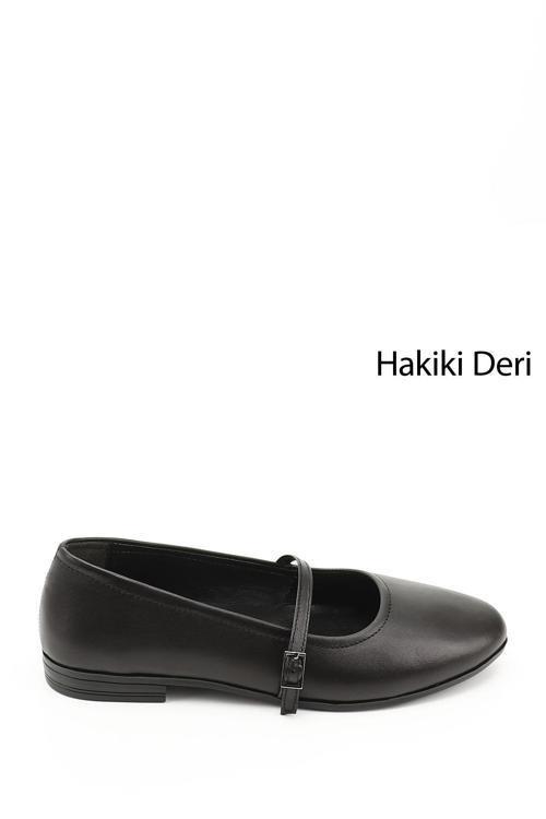 Kadın Siyah Mary Jane Hakiki Deri Babet