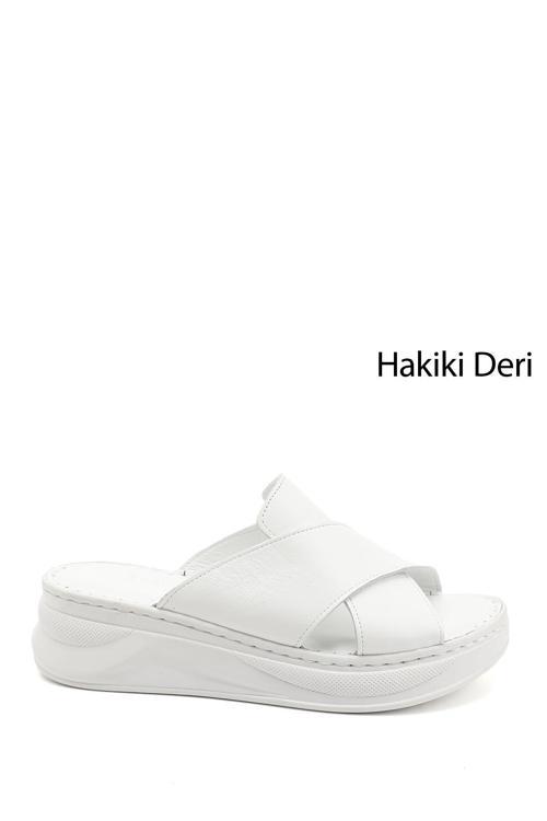 Kadın Beyaz Çapraz Bantlı Dolgu Topuklu Hakiki Deri Comfort Terlik