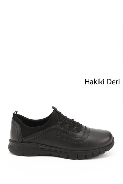 Kadın Siyah Lastik Bağcıklı Hakiki Deri Comfort Sneaker