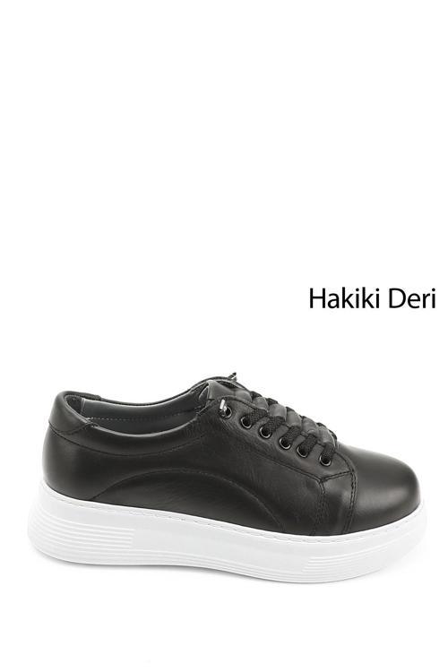 Kadın Siyah Lastik Bağcıklı Comfort Hakiki Deri Sneaker