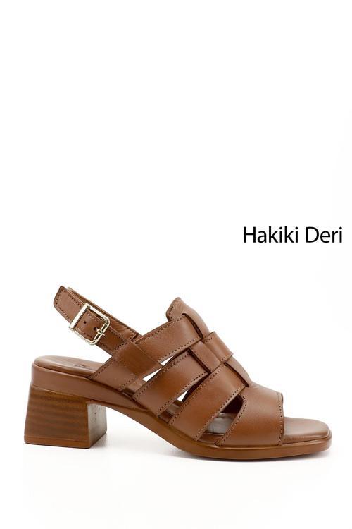 Kadın Taba Antik Örgü Bantlı  Kalın Topuklu Hakiki Deri Sandalet