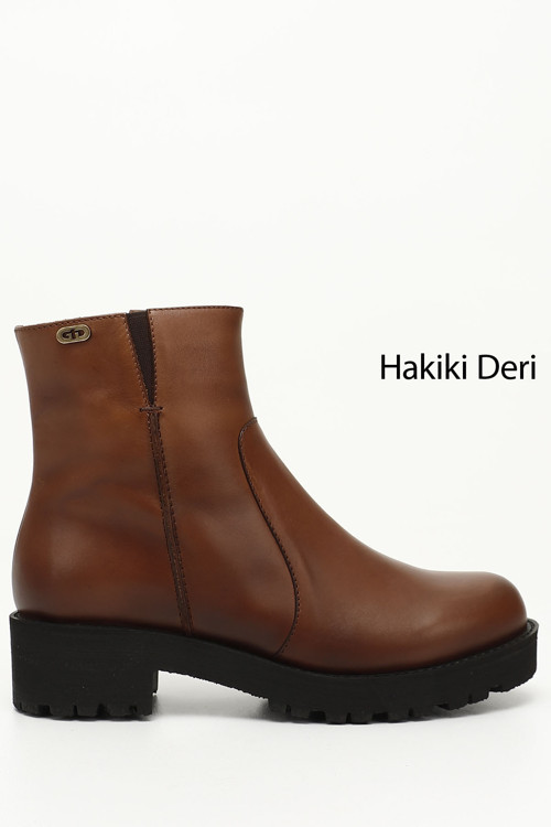 Kadın Taba Antik Fermuarlı Kalın Topuklu Hakiki Deri Bot