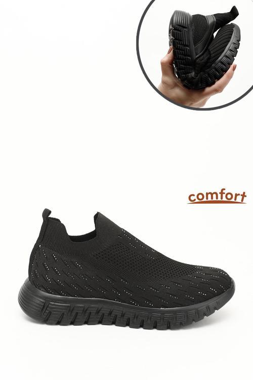 Kadın Siyah Triko Taşlı Memory Foam Tabanlıklı Comfort Sneaker