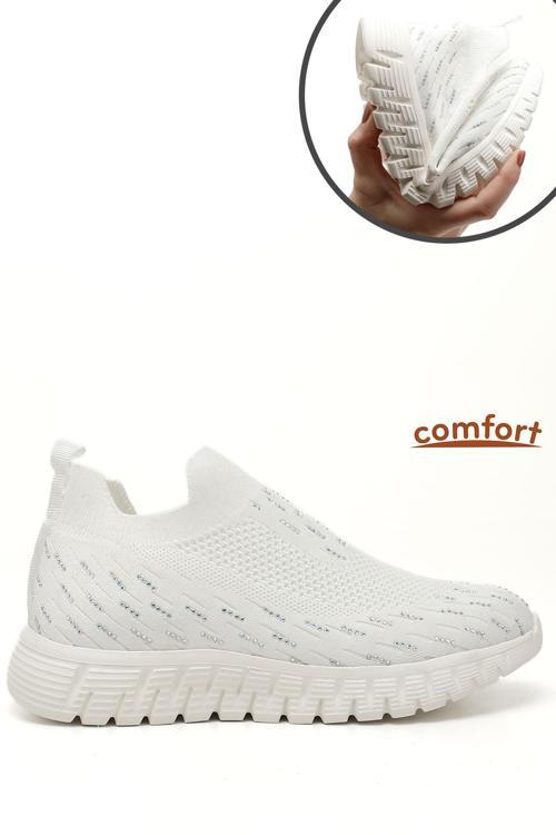 Kadın Beyaz Triko Taşlı Memory Foam Tabanlıklı Comfort Sneaker