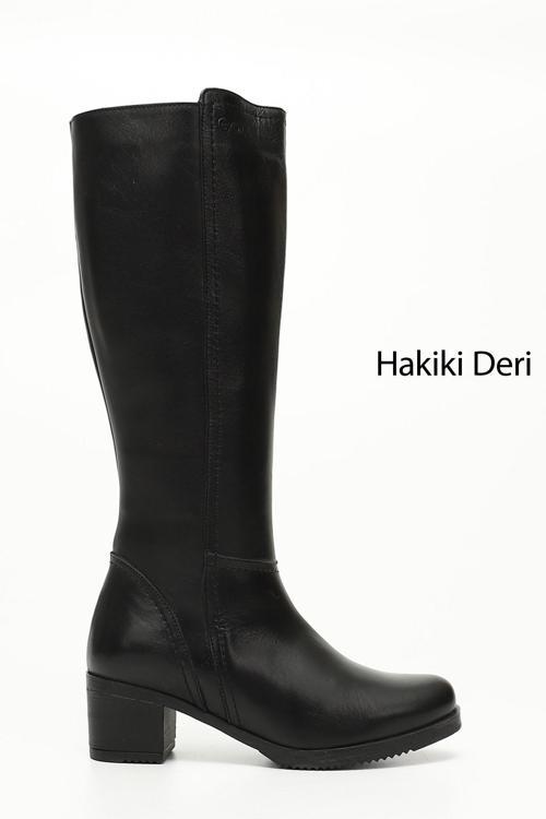 Kadın Siyah Fermuarlı Kalın Topuklu Hakiki Deri Çizme
