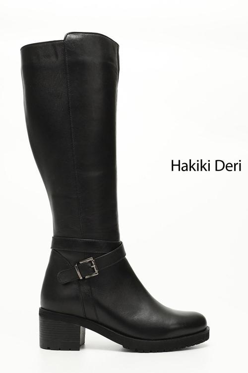Kadın Siyah Fermuarlı Kalın Topuklu Hakiki Deri Çizme