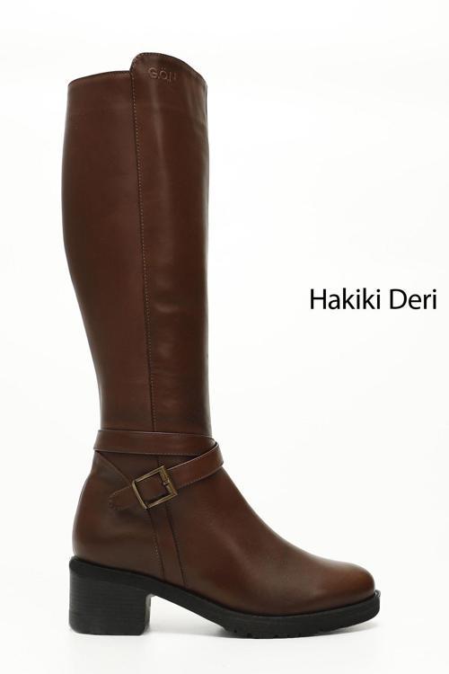 Kadın Kahve Antik Fermuarlı Kalın Topuklu Hakiki Deri Çizme