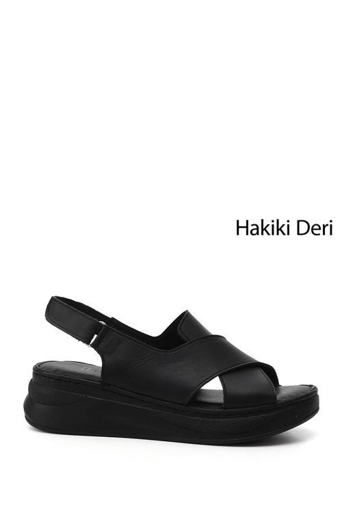 Kadın Siyah Cırt Bantlı Dolgu Topuklu Hakiki Deri Comfort Sandalet