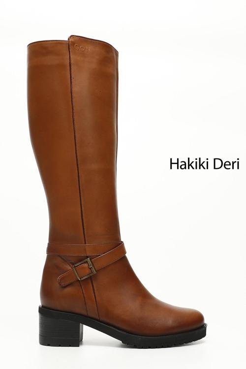 Kadın Taba Antik Fermuarlı Kalın Topuklu Hakiki Deri Çizme