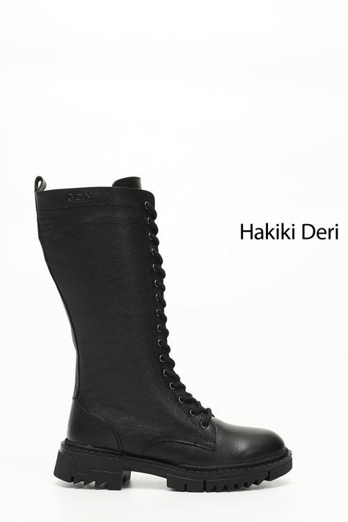 Kadın Siyah Floter Fermuarlı Kalın Topuklu Hakiki Deri Postal Çizme