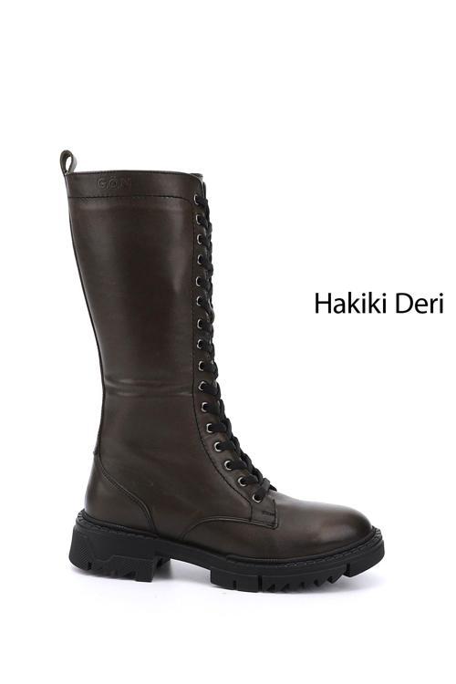 Kadın Haki Antik Fermuarlı Kalın Topuklu Hakiki Deri Postal Çizme