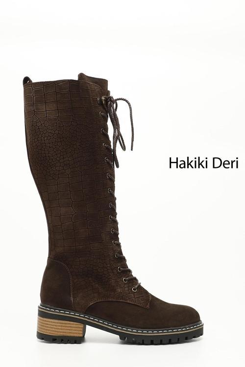 Kadın Kahve Süet Fermuarı Kalın Topuklu Hakiki Deri Postal Çizme