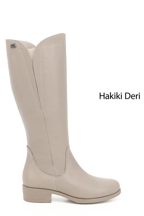 Kadın Bej Fermuarlı Kalın Topuklu Hakiki Deri Çizme