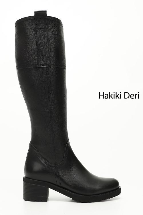 Kadın Siyah Floter Fermuarlı Kalın Topuklu Hakiki Deri Çizme